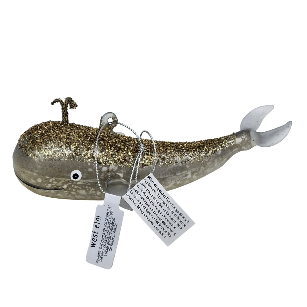 West Elm Glass Whale Christmas Ornament Handcrafted Ocean Beach House Nautical